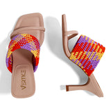 Sandália Mule Salto Fino Tramada  Amêndoa/Orange