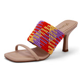 Sandália Mule Salto Fino Tramada  Amêndoa/Orange