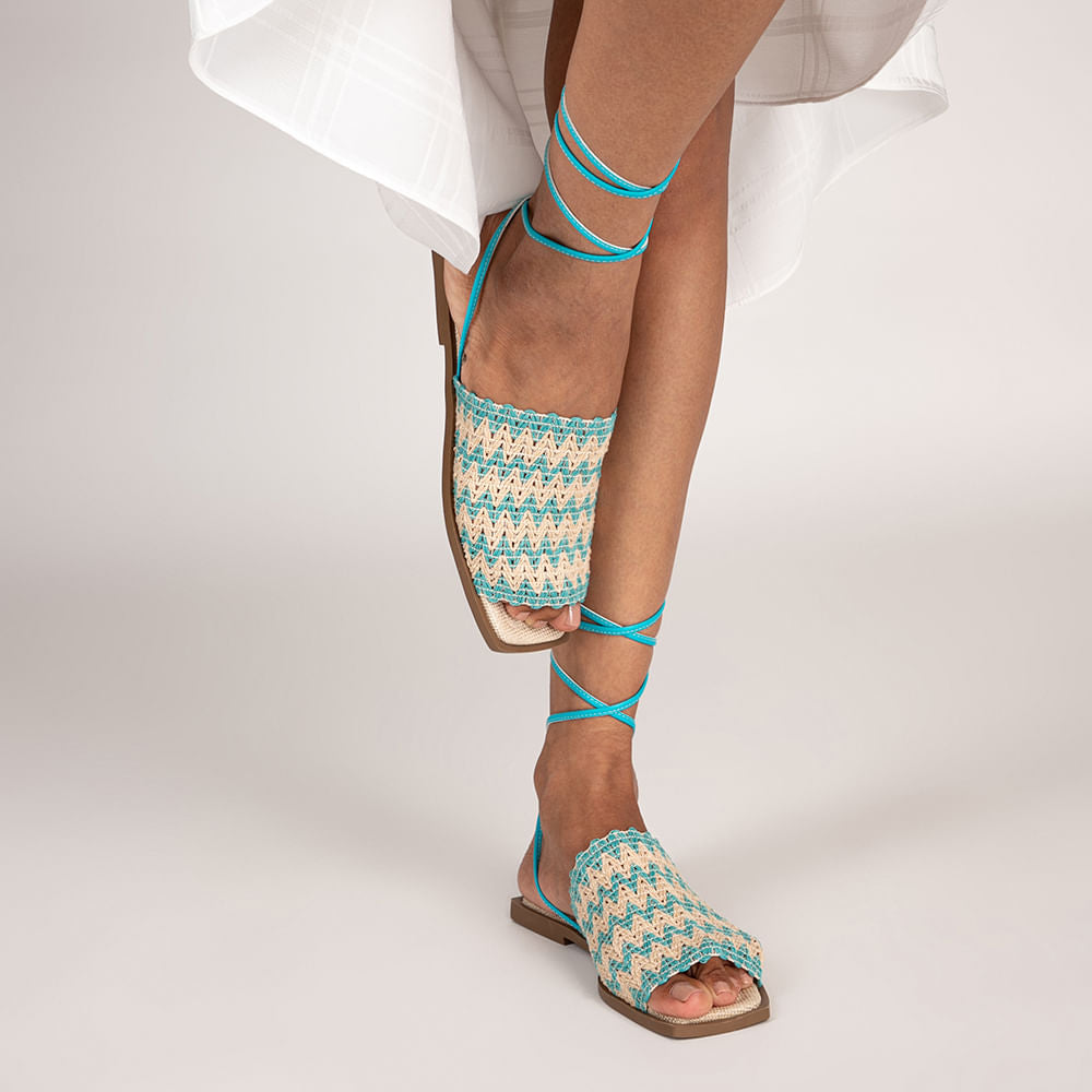 Sandália Rasteira Amarração Fibra Maleável Turquesa