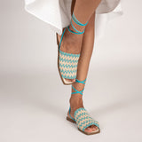Sandália Rasteira Amarração Fibra Maleável Turquesa