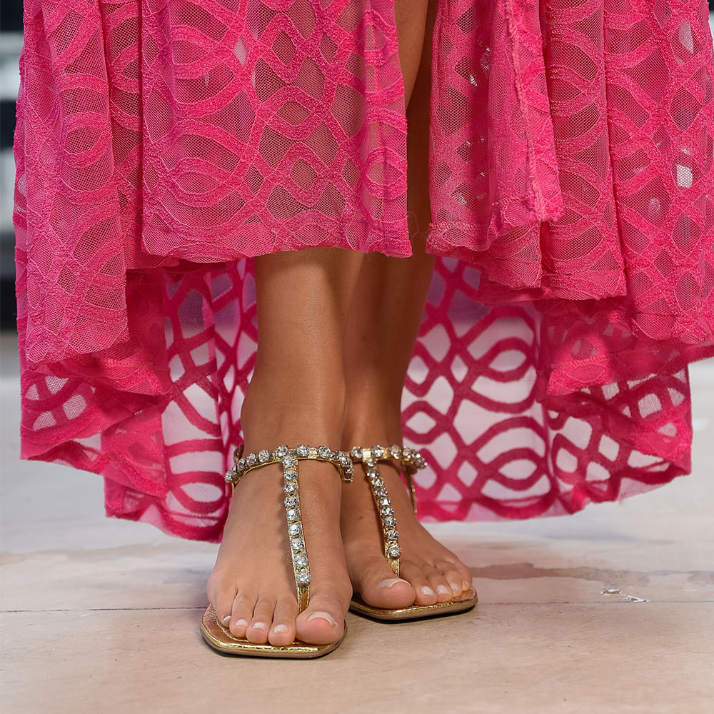 Sandália Rasteira Pedras Ouro