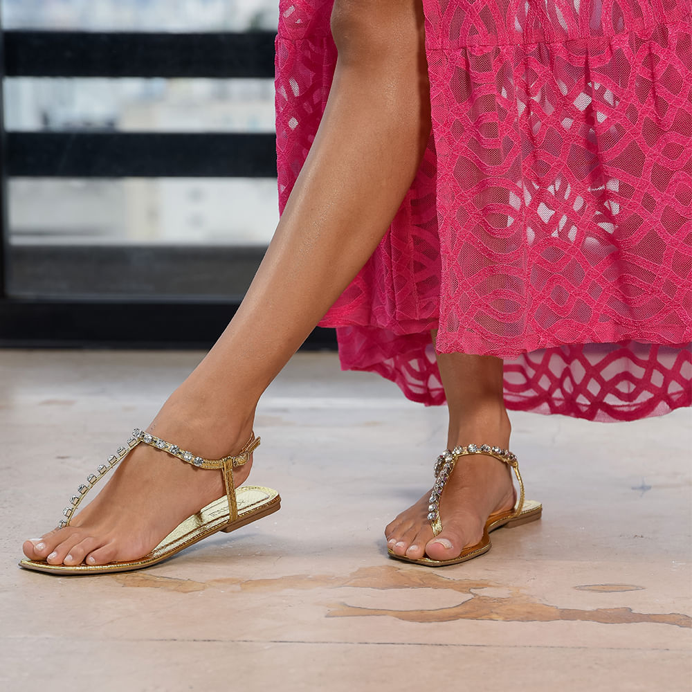 Sandália Rasteira Pedras Ouro