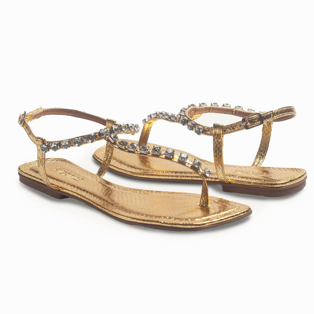 Sandália Rasteira Pedras Ouro