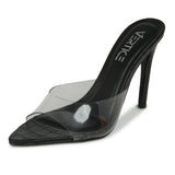Mule Feminino  Bico Folha Salto Alto Vinil  Preto