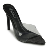 Mule Feminino  Bico Folha Salto Alto Vinil  Preto