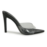 Mule Feminino  Bico Folha Salto Alto Vinil  Preto