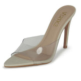 Mule Feminino Salto  Alto Bico Folha   Vinil  Sisal