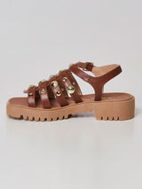 Sandália Papete Tiras de Metal Camel