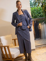 Saia Alfaiataria Risca de Giz fio Lurex Azul
