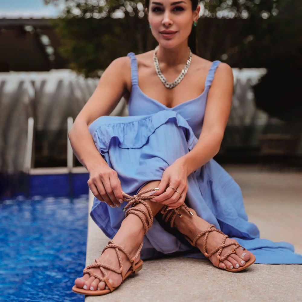 Rasteira Flat Feminina Com Amarração Corda - Camel