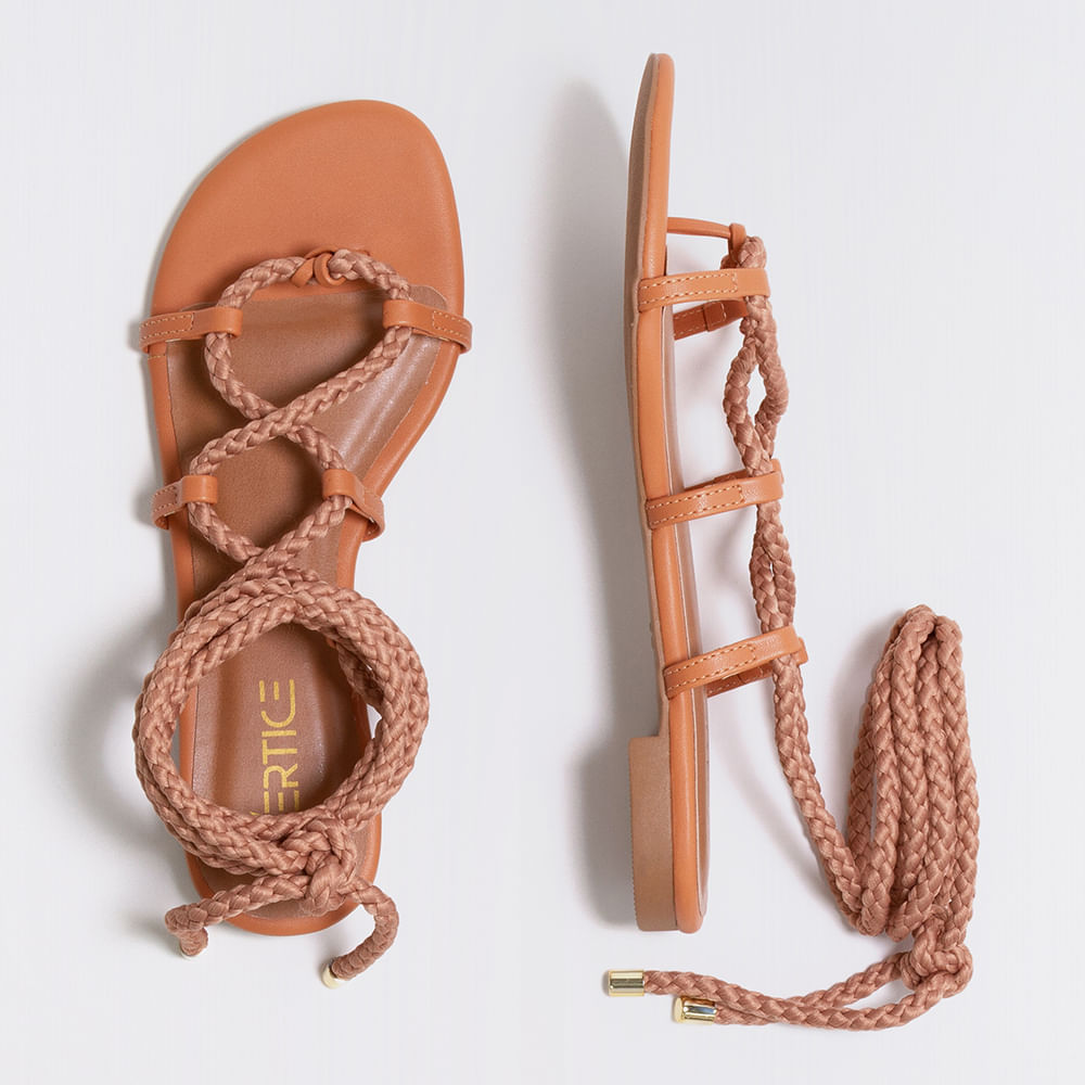 Rasteira Flat Feminina Com Amarração Corda - Camel