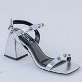 Sandalia Salto Alto Bloco Spike Prata