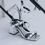 Sandalia Salto Alto Bloco Spike Prata