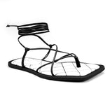 Sandalia Rasteira Tiras Finas Amarração- Preto