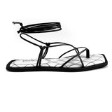 Sandalia Rasteira Tiras Finas Amarração- Preto