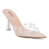 Mule Salto Fino Bico Folha Vinil Bege