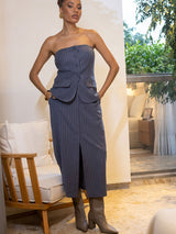 Saia Alfaiataria Risca de Giz fio Lurex Azul