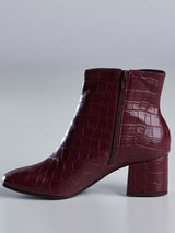 Bota Cano Curto Feminina Couro Croco Vinho