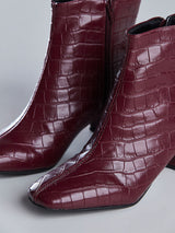 Bota Cano Curto Feminina Couro Croco Vinho