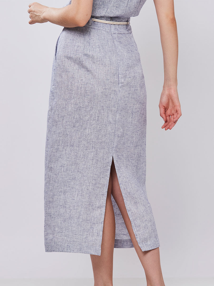 Saia Linho com Fio de Lurex Azul