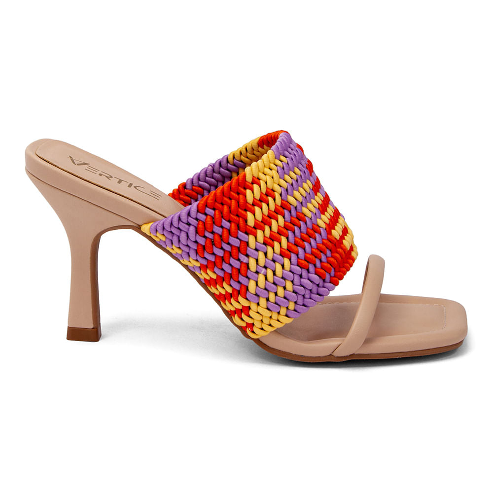Sandália Mule Salto Fino Tramada  Amêndoa/Orange