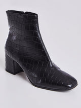 Bota Cano Curto Feminina Couro Croco Preto