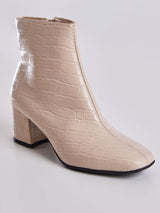 Bota Cano Curto Feminina Couro Croco Amendoa