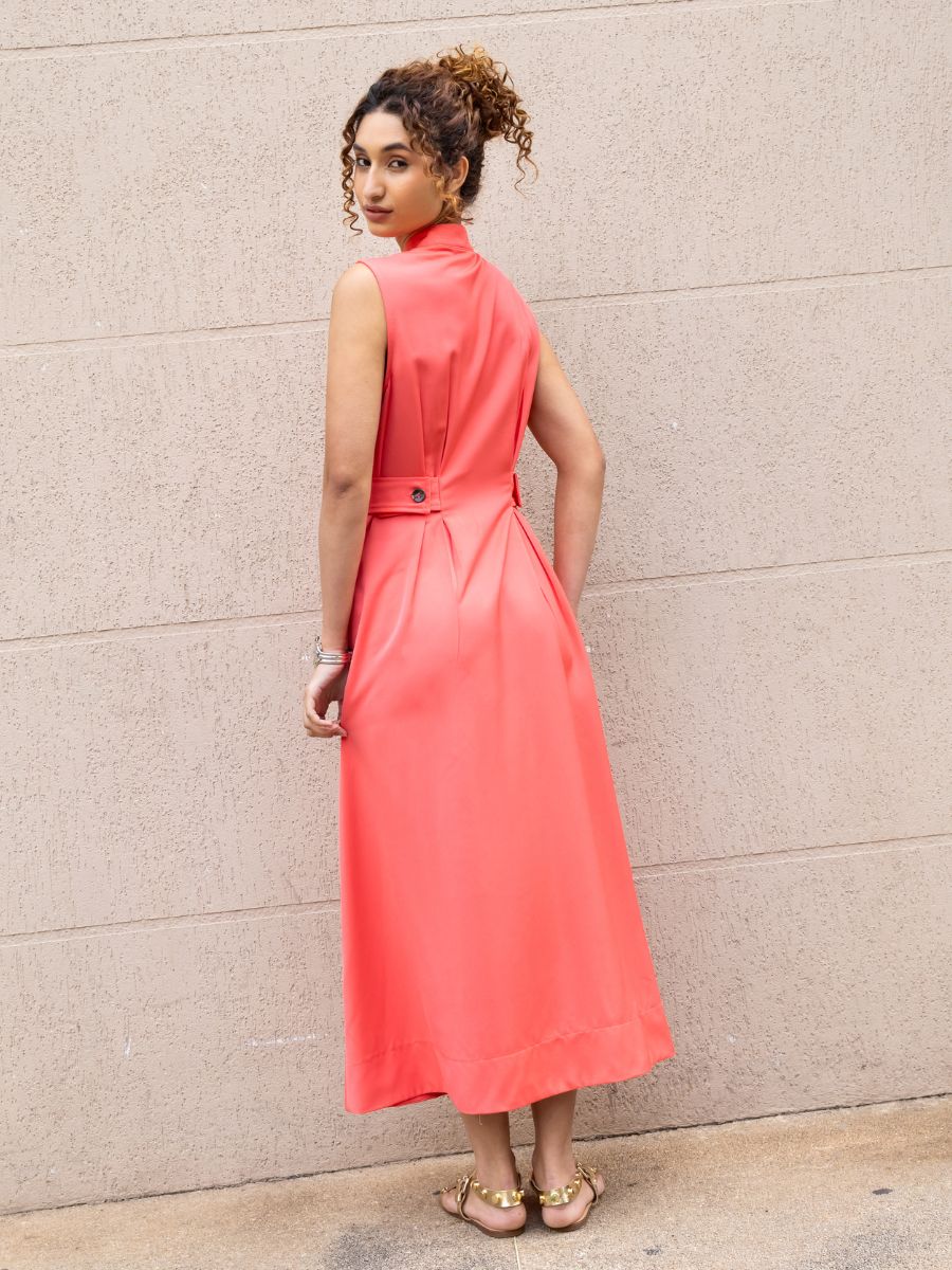 Vestido Pregas Midi Goiaba