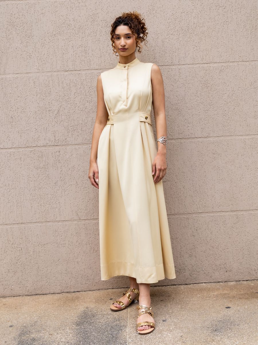 Vestido Pregas Midi Manteiga