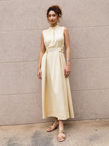 Vestido Pregas Midi Manteiga