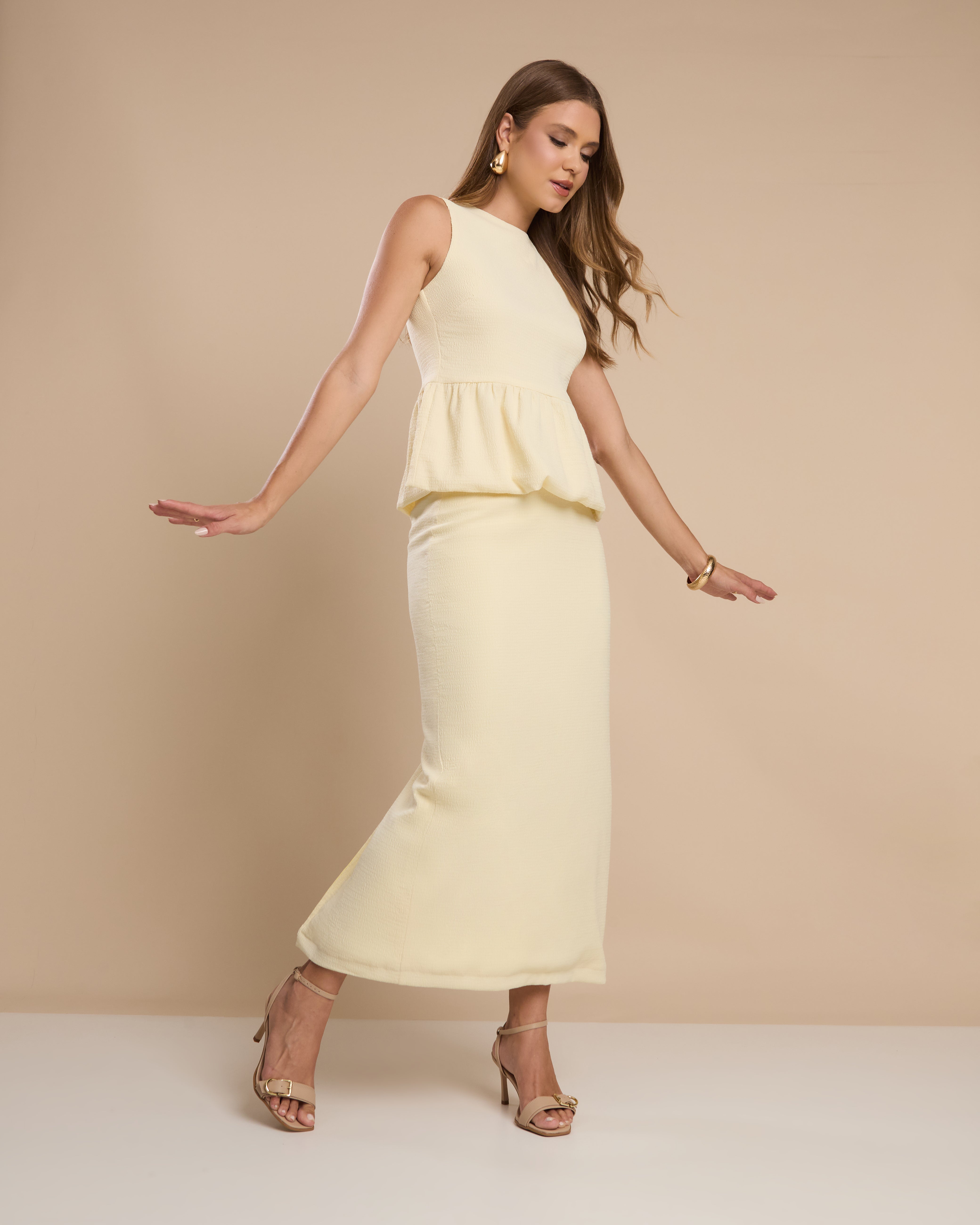 Conjunto Saia e Blusa Peplum Amarelo