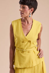 Conjunto Alfaiataria Colete e Saia Ampla Amarelo