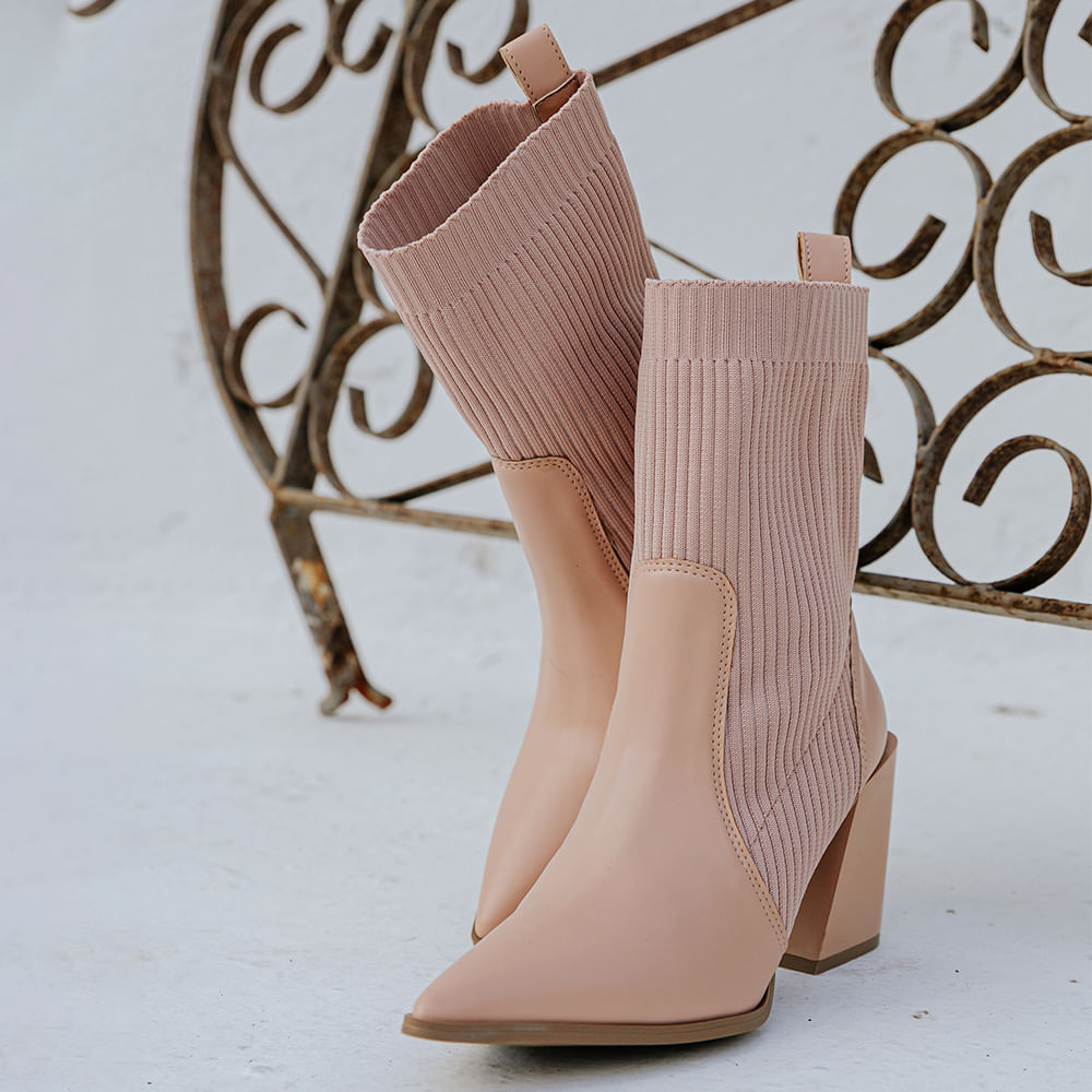 Bota Meia Salto Bloco Bico Fino Rose