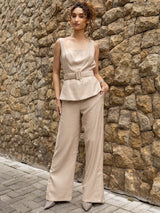 Conjunto Calça  e Blusa Peplum Areia