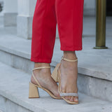 Sandalia Salto Medio Bloco Sparkle Creme