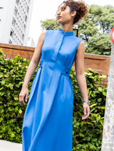 Vestido Pregas Midi Azul