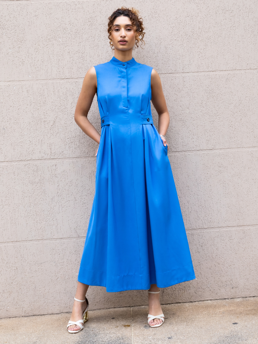 Vestido Pregas Midi Azul