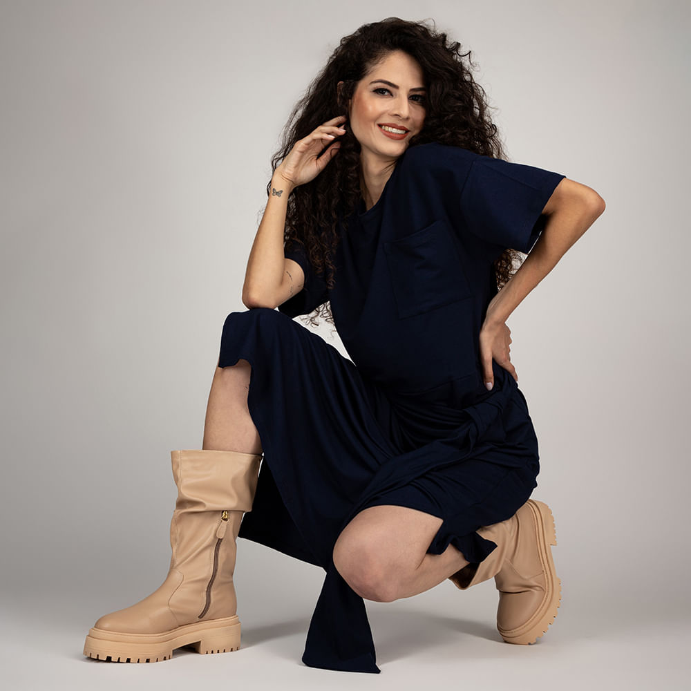 Bota Feminina Cano Longo Over Salto Tratorado  Bege