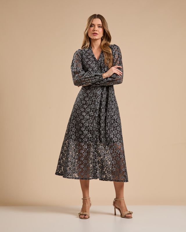 Vestido Midi Renda Flowers Preto