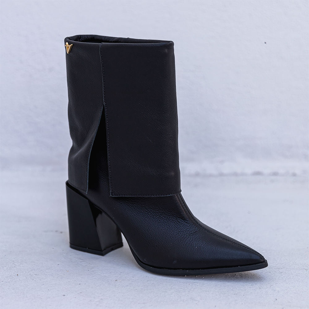 Bota Couro Capa Salto Bloco Cano Médio Preto