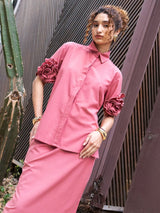 Camisa Flor Alto Relevo Algodão Rosa