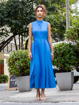 Vestido Pregas Midi Azul