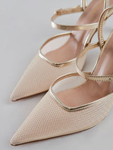 Scarpin Salto Fino Aberto Tela Ouro