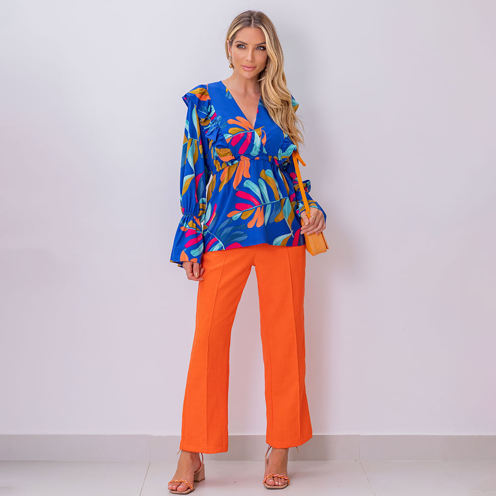 Blusa Manga Longa Estampada Azul