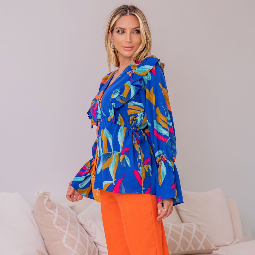 Blusa Manga Longa Estampada Azul