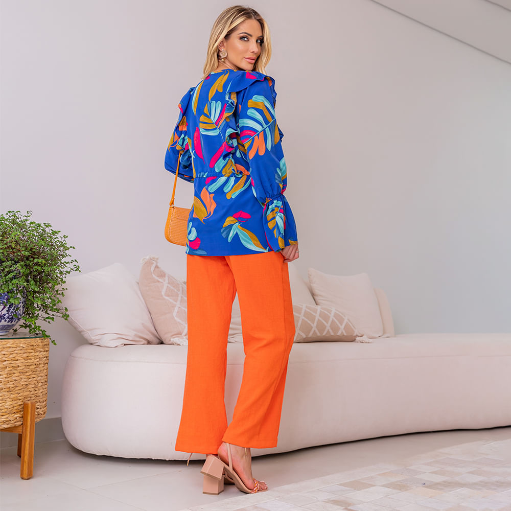 Blusa Manga Longa Estampada Azul