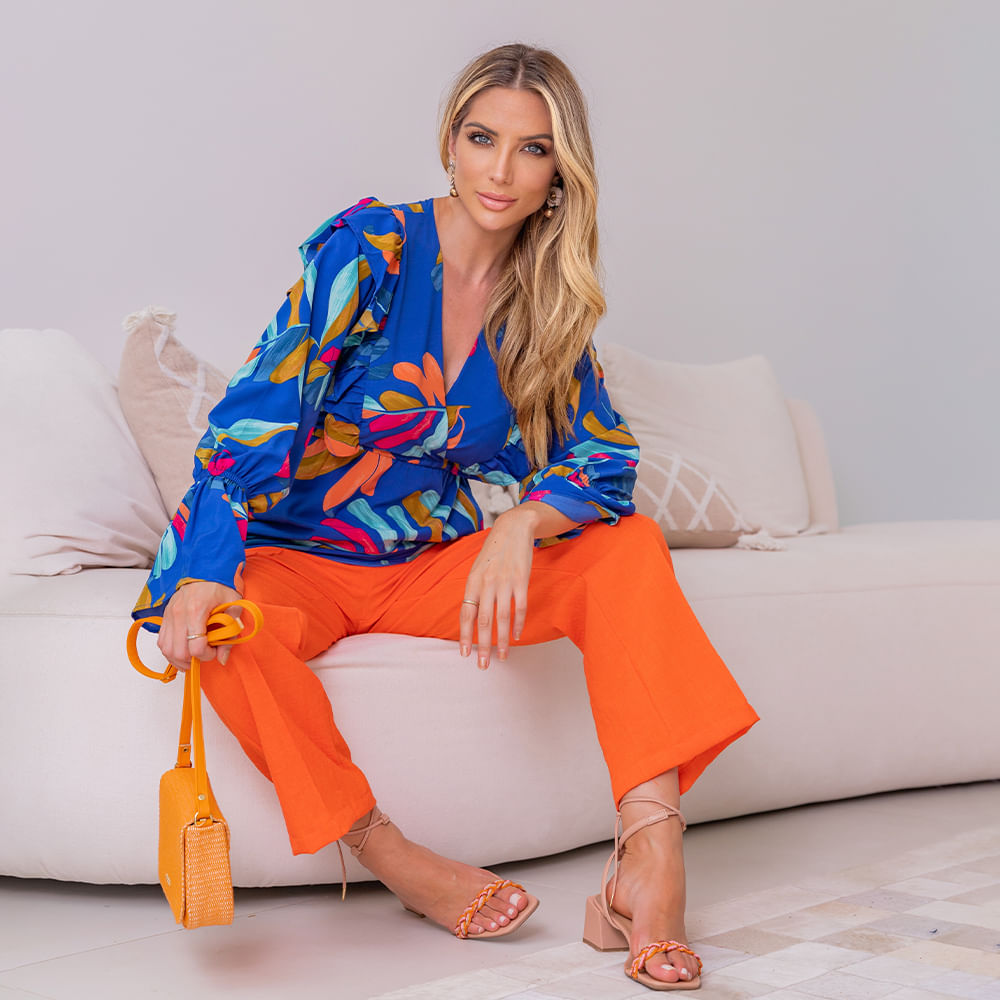 Blusa Manga Longa Estampada Azul