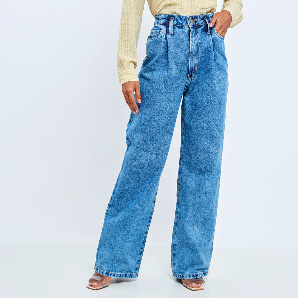 Calça  Jeans Pantalona Feminina Ampla Cintura Alta