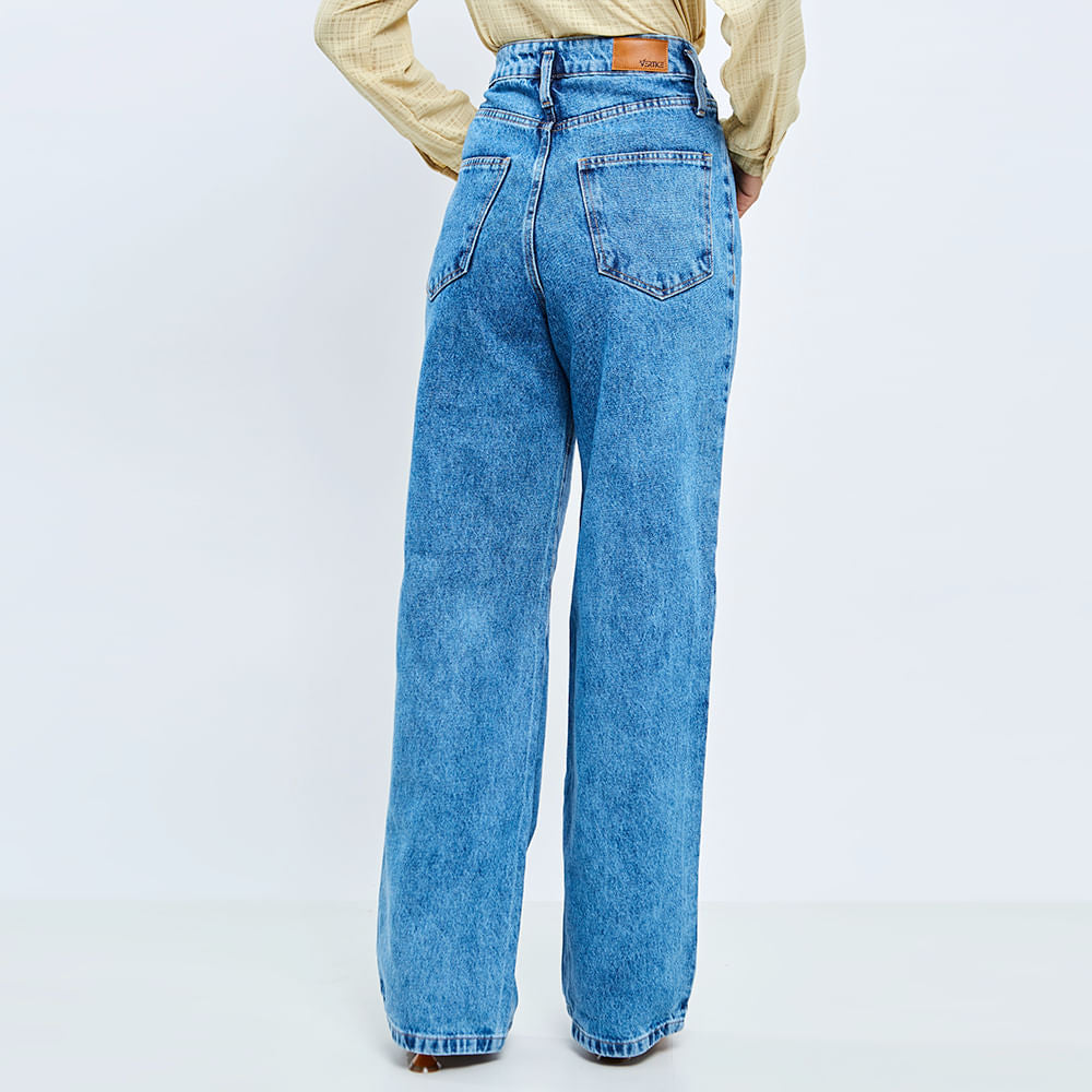 Calça  Jeans Pantalona Feminina Ampla Cintura Alta