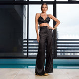 Calça Pantalona Cetim Bolsos Preto